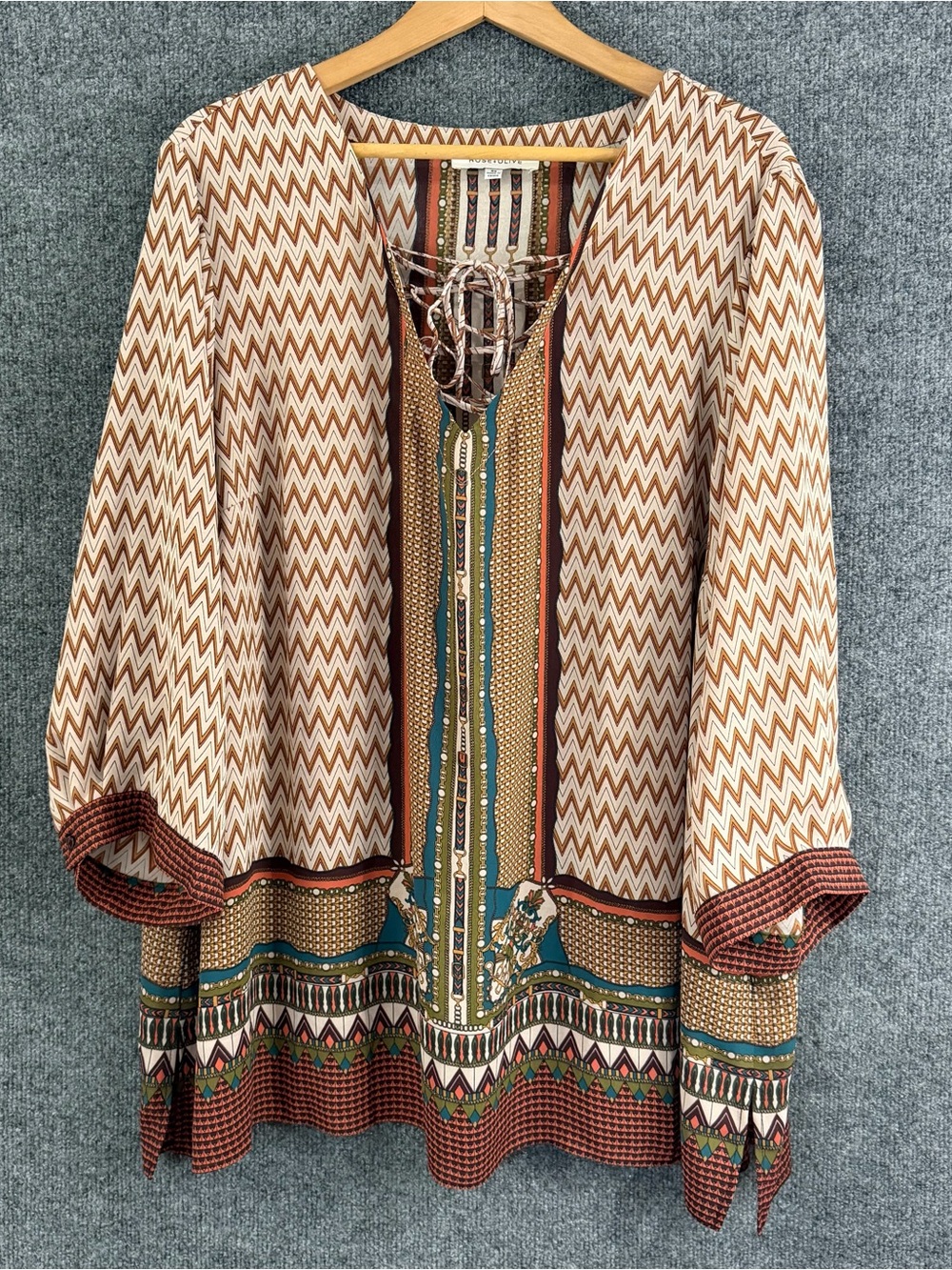 Rose & Olive Womens 3X Tunic Top Brown Tan 3/4 Sleeve Chevron Tie Front Fall